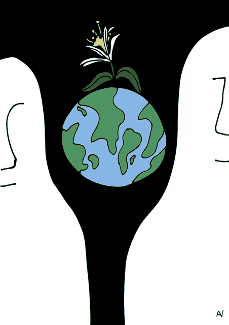 a drawing of a flower growing out of a globe with the letter a below it