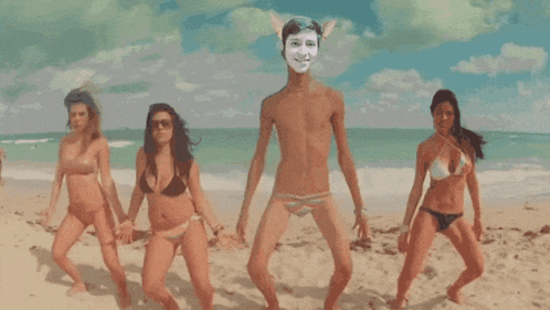a group of women in bikinis are dancing on a beach with a man without a shirt on