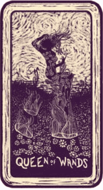 a tarot card that says queen of wands with a woman holding a wand .