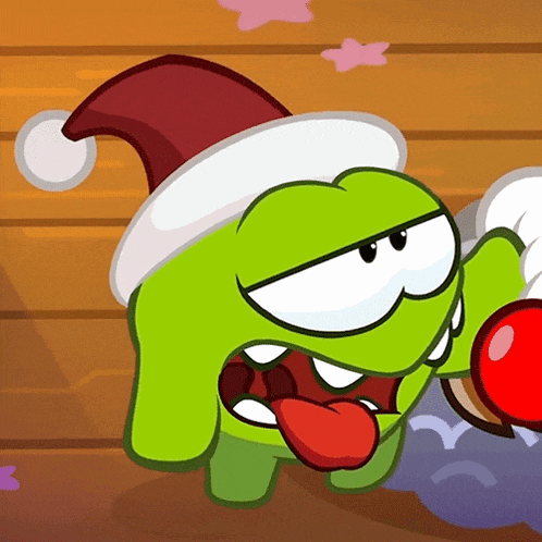 a green cartoon character wearing a santa hat is sticking out his tongue
