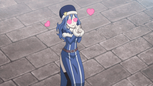 a girl with hearts in her eyes is standing on a brick sidewalk