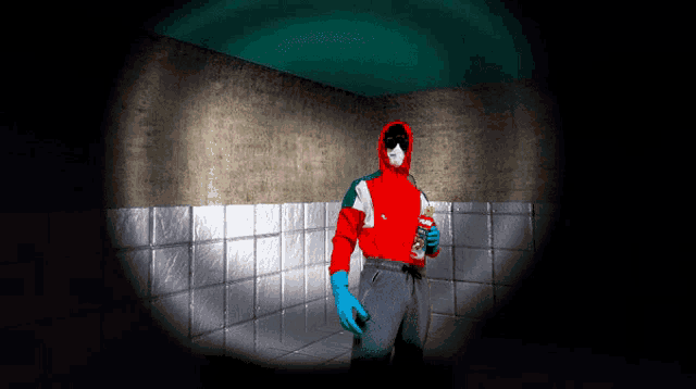 a man in a red white and blue jacket is holding a bottle of soda