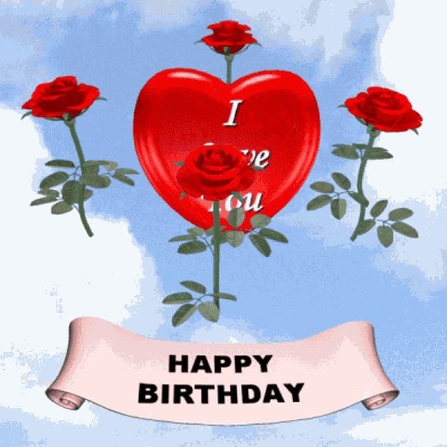 a happy birthday card with red roses and a heart