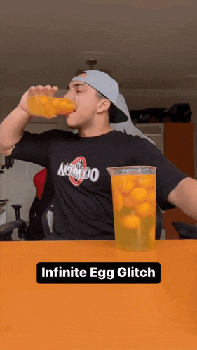 a man drinking from a cup that has eggs in it and the words infinite egg glitch below him