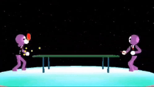 two purple stick figures playing ping pong on a table
