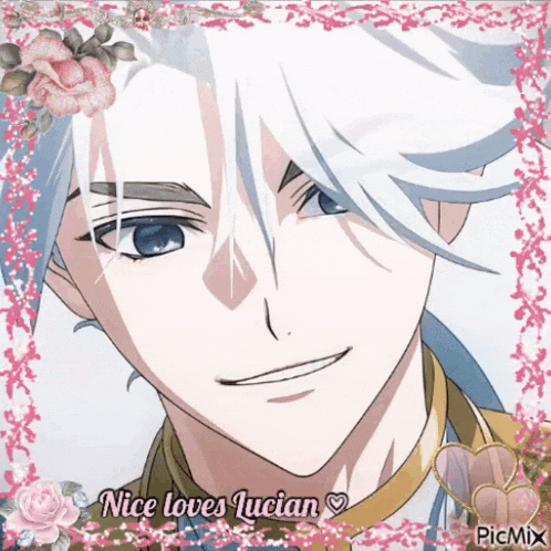a picture of a boy with white hair and blue eyes with the words nice loves lucian