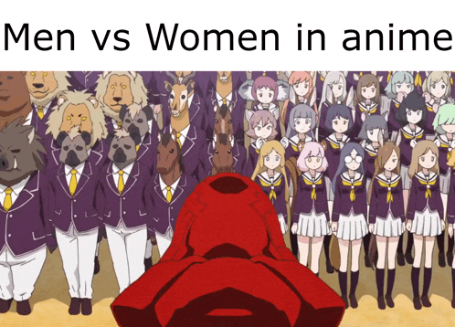 a group of people with animals on their faces and the words men vs women in anime below them