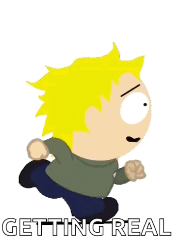 a cartoon character is running with the words getting real behind him