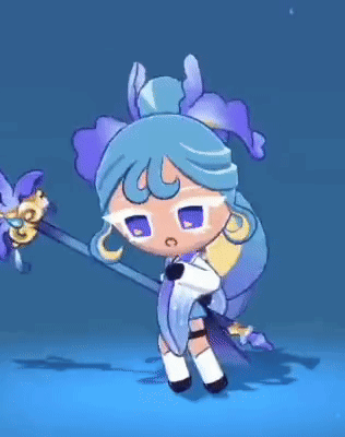 a cartoon girl with blue hair and purple eyes is holding a purple wand .