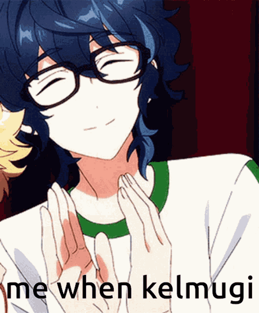 a picture of a boy with glasses and the words " me when kelmugi " on the bottom