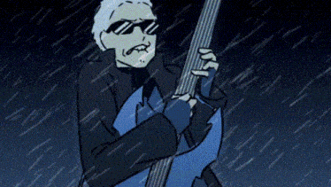 a cartoon of a man in a suit holding a guitar in the rain .