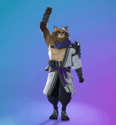 a raccoon with a purple sash around his neck is standing on a purple background