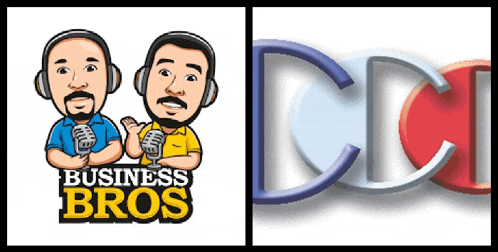 a cartoon of two men holding microphones and the words business bros