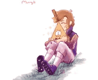 a drawing of a boy sitting in the grass holding a triangle with an eye on it .
