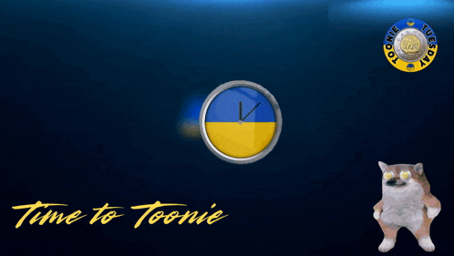 a cat is standing in front of a map of ukraine and a clock that says time to toonie