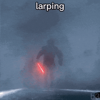 a man is walking through a smokey area with the word larping written above him