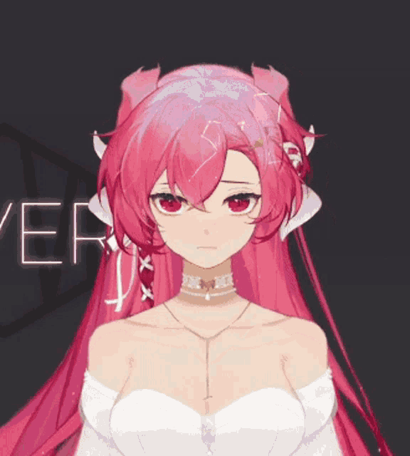 a girl with pink hair is wearing a choker and a white top
