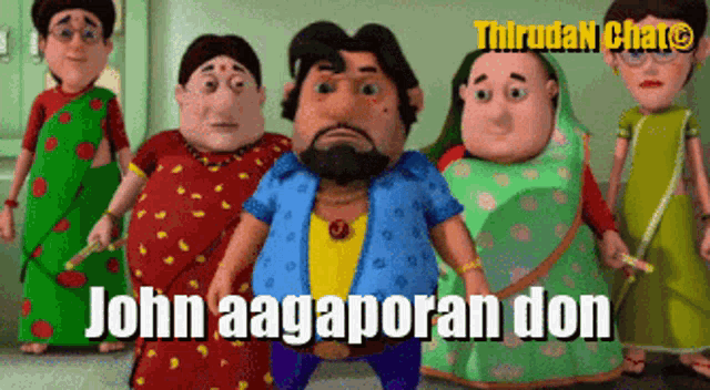 a group of cartoon characters are standing next to each other with the caption john aagaporan don