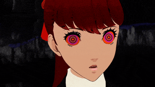a close up of a girl 's face with a hypnotic look on her eyes