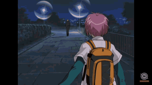 a girl with pink hair is walking down a sidewalk with an orange backpack