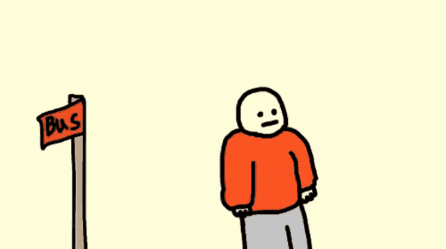 a cartoon drawing of a man standing next to a bus stop