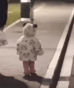 a little girl is walking down a sidewalk wearing a teddy bear jacket .