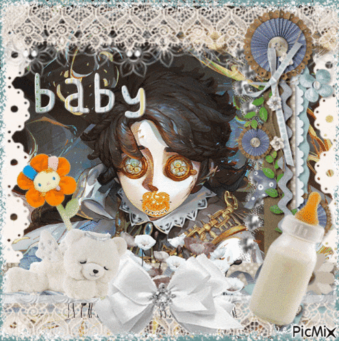 a picture of a baby with a pacifier in his mouth and a bottle of milk