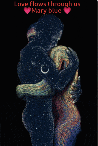 a painting of a couple hugging with the words love flows through us mary blue