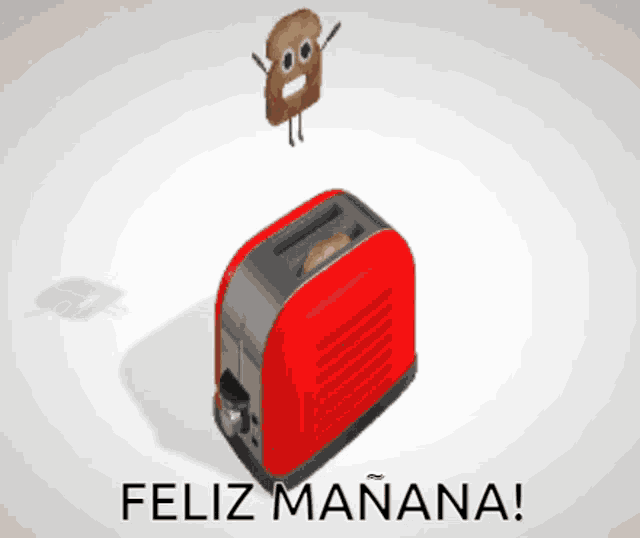 a red toaster with the words feliz manana written below it