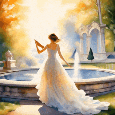 a woman in a long white dress is standing in front of a fountain