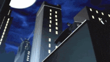a cartoon drawing of a city at night with a person standing on top of a building