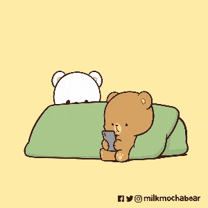 a cartoon of a teddy bear holding another teddy bear 's hand while looking at a cell phone