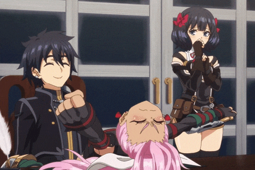 a group of anime characters sitting around a table with one girl holding a knife