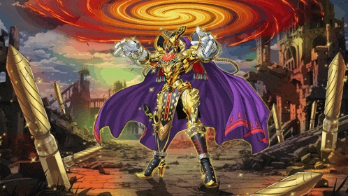 a cartoon character with a purple cape is standing in front of a ruined city