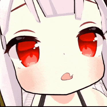 a close up of a girl with red eyes