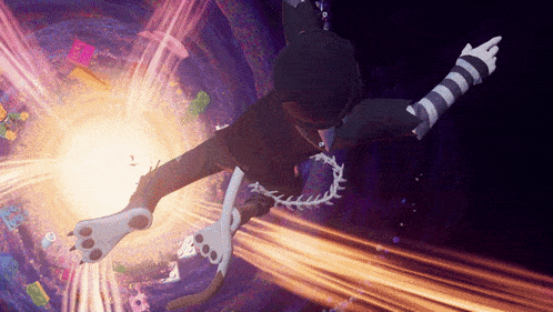 a cartoon character is flying through a purple tunnel and pointing at something