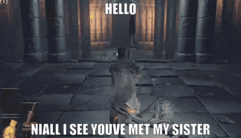 a screenshot of a video game with the words hello niall i see youve met my sister at the bottom
