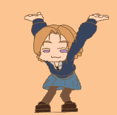 a pixel art drawing of a girl in a blue jacket and skirt