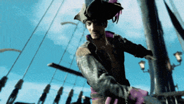 a man wearing a pirate hat and purple gloves is standing on a boat