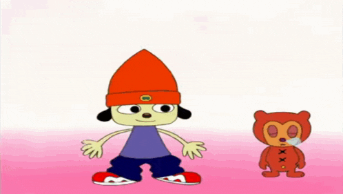 a cartoon character is jumping in the air next to a teddy bear on a pink background .