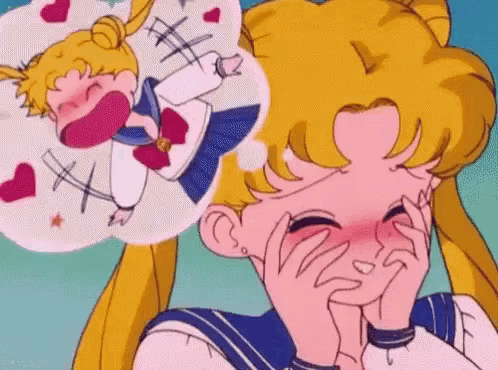 a cartoon of a girl covering her face with her hands and a speech bubble of a girl with hearts in her head .