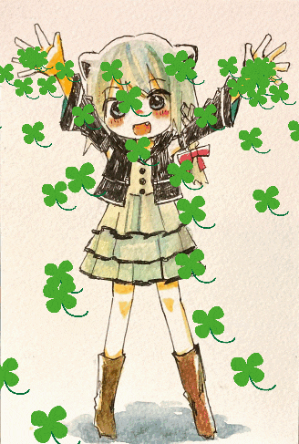 a drawing of a girl with four leaf clovers surrounding her