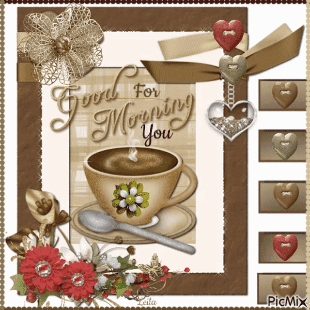 a picture of a cup of coffee with the words " good morning you " on it