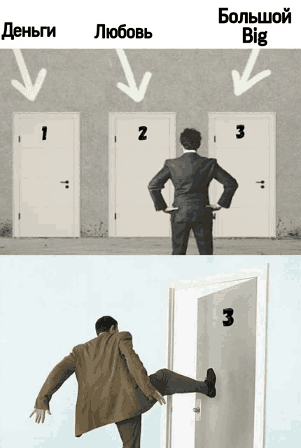 a man in a suit is standing in front of three doors with the number 1 2 and 3 on them