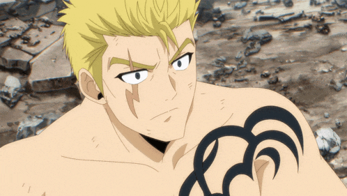 a man with a tattoo on his shoulder has a lightning bolt painted on his face