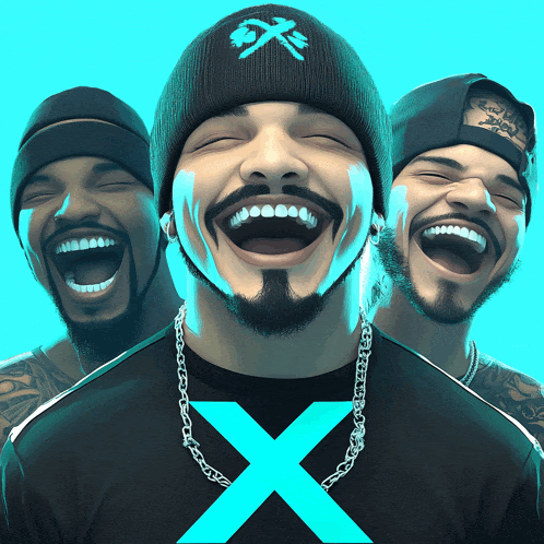 a man wearing a black shirt with the letter x on it laughs