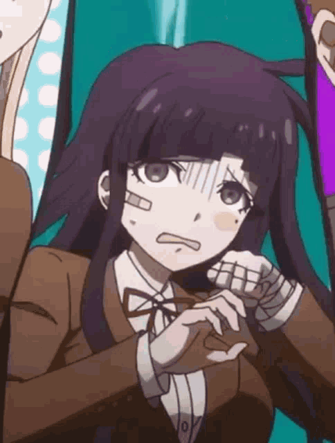a close up of a purple haired anime girl with bandages on her wrists .