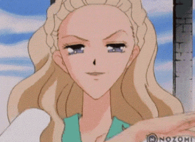 a close up of a cartoon character with the word nozomi on the bottom left