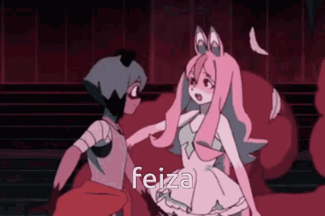 a couple of anime characters standing next to each other with the word feiza on the bottom right