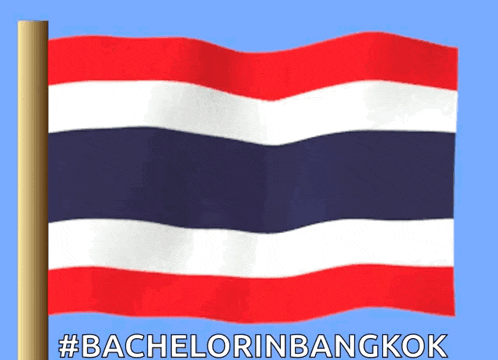 a red white and blue flag with the hashtag bachelorinbangkok